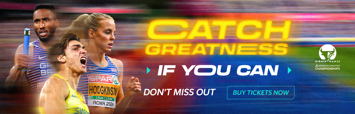 The banner includes three athletes in action. It also includes the slogan of Birmingham 2026: Catch Greatness if you can. The banner also includes the lofo on the top right corner.