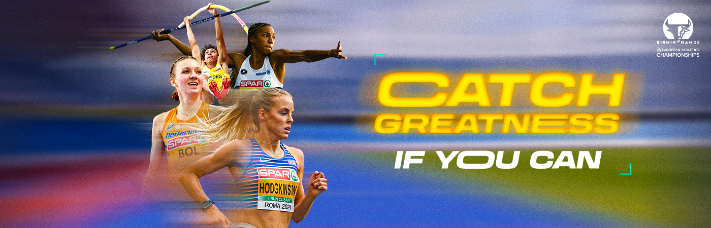 The banner includes three athletes in action. It also includes the slogan of Birmingham 2026: Catch Greatness if you can. The banner also includes the lofo on the top right corner.